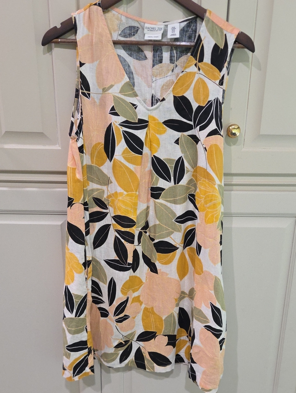 Rachel Zoe Floral V-Neck Sleeveless Linen Dress in Yellow, Peach & Black